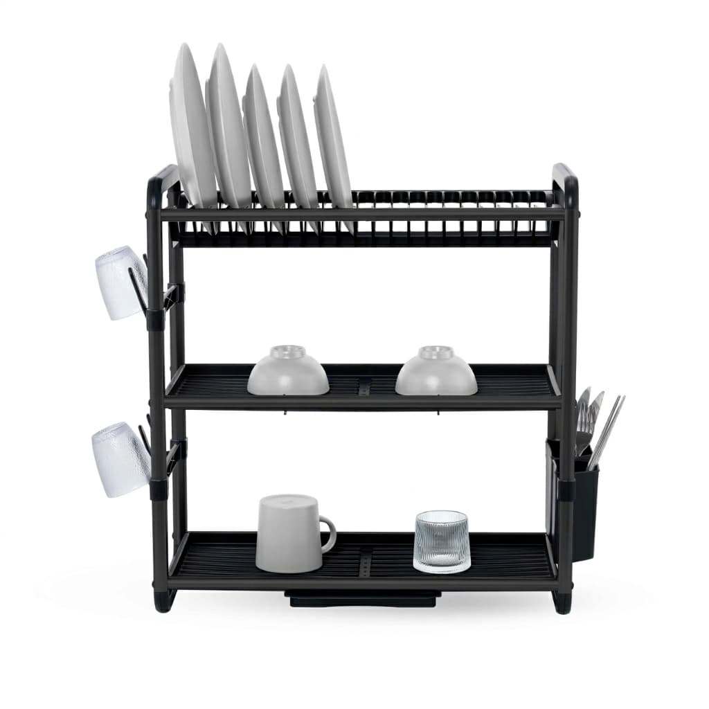 3 Layer BLACK Aluminum Dish Rack with Auto Drainage | Large Dish Drying Rack UAE