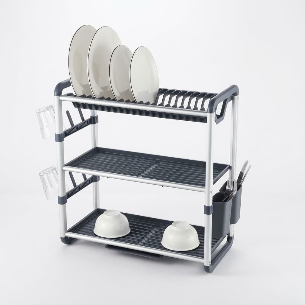 3 Layer GRAY Aluminum Dish Rack with Auto Drainage | Large Dish Drying Rack UAE — image 1 of 2
