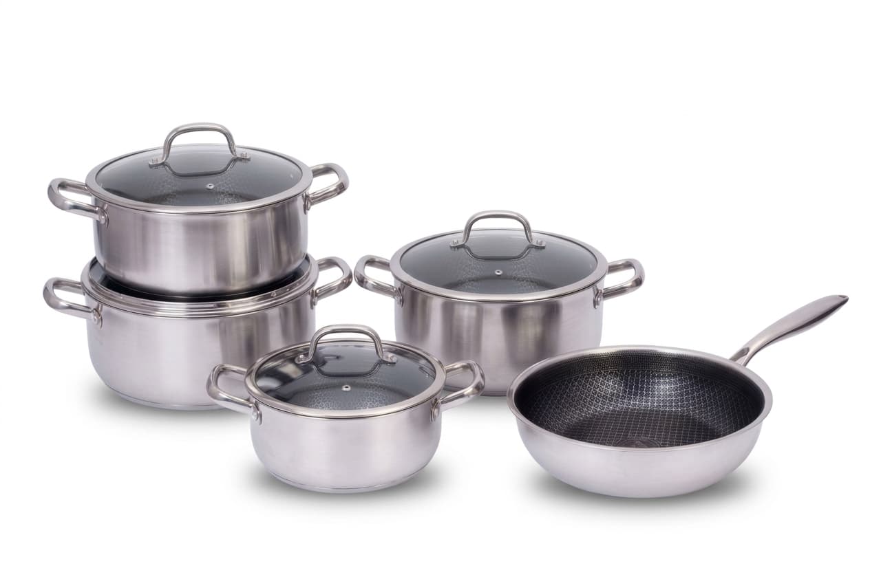 9PCS Tri-Ply Stainless Steel Cookware Set with Glass Lids & Honeycomb Non-Stick Base | Premium Kitchen Set UAE — image 1 of 3