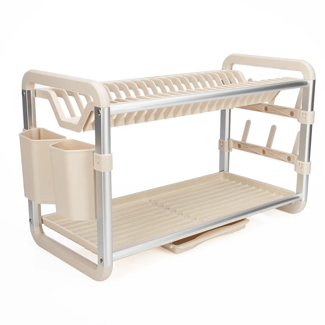 0-2-Tier-Aluminum-Dish-Drying-Rack-Kitchen-Dish-Ra 2 Layer Aluminum Dish Rack with Auto Drainage | Premium Dish Drying Rack UAE - Image 1